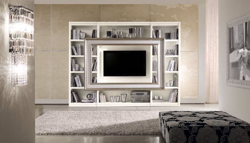 libreria porta Tv con cornice e libreria in foglia argento 